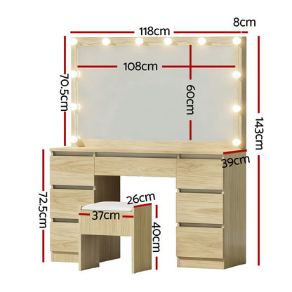 Artiss Dressing Table Vanity Desk Set with Stool – 12 LED Bulbs – Wood