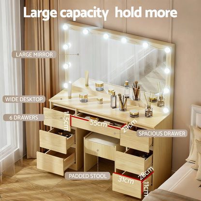 Artiss Dressing Table Vanity Desk Set with Stool – 12 LED Bulbs – Wood