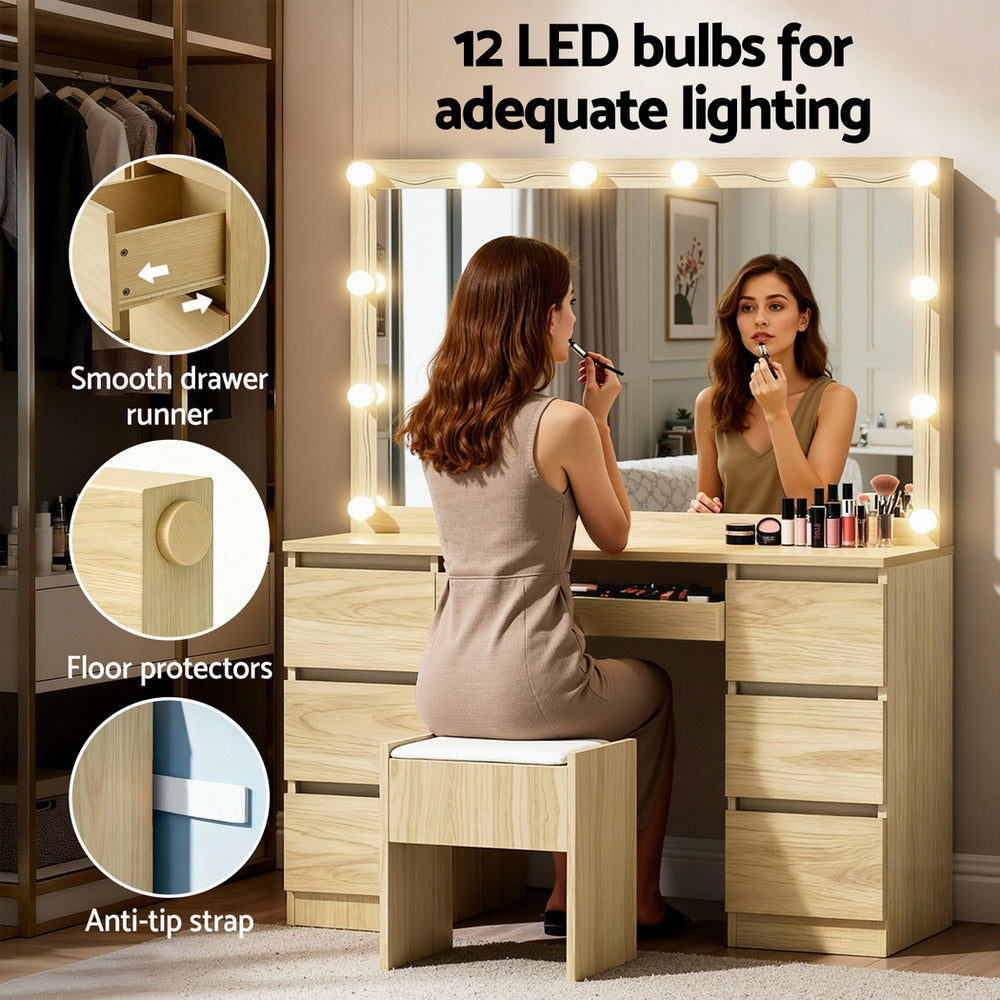 Artiss Dressing Table Vanity Desk Set with Stool – 12 LED Bulbs – Wood