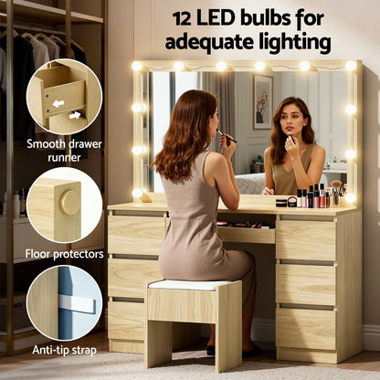Artiss Dressing Table Vanity Desk Set with Stool – 12 LED Bulbs – Wood
