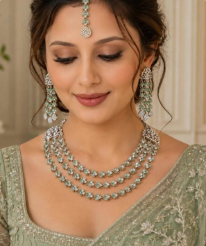 Mehandi Plated Agate Stone Necklace Set With Earrings & Maang Tikka