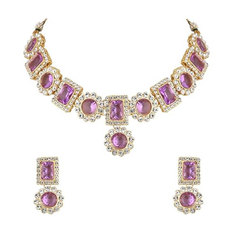I Jewels Gold Plated Stone Studded Necklace Set Purple