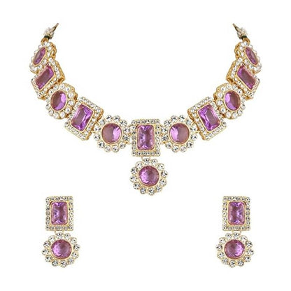 I Jewels Gold Plated Stone Studded Necklace Set Purple