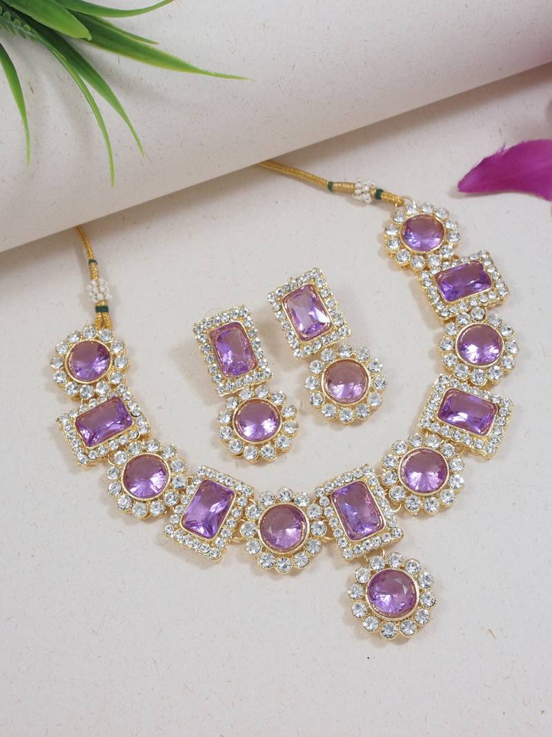 I Jewels Gold Plated Stone Studded Necklace Set Purple