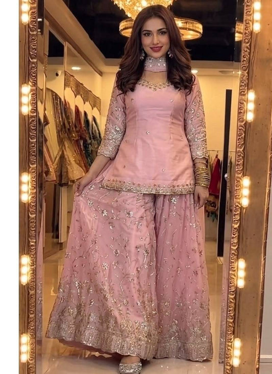 Women's Baby Pink Embroidered Tissue Sharara Suit Set