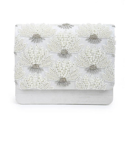 Pearl Floral Silk Clutch in White