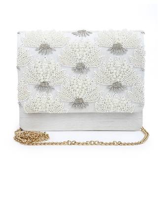 Pearl Floral Silk Clutch in White