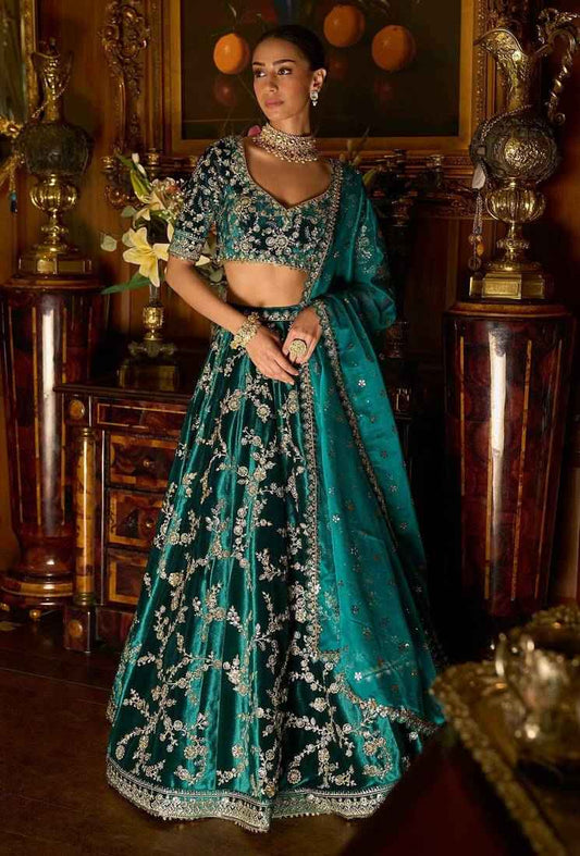 Turquoise Sequins Zari Embroidered Velvet Lehenga