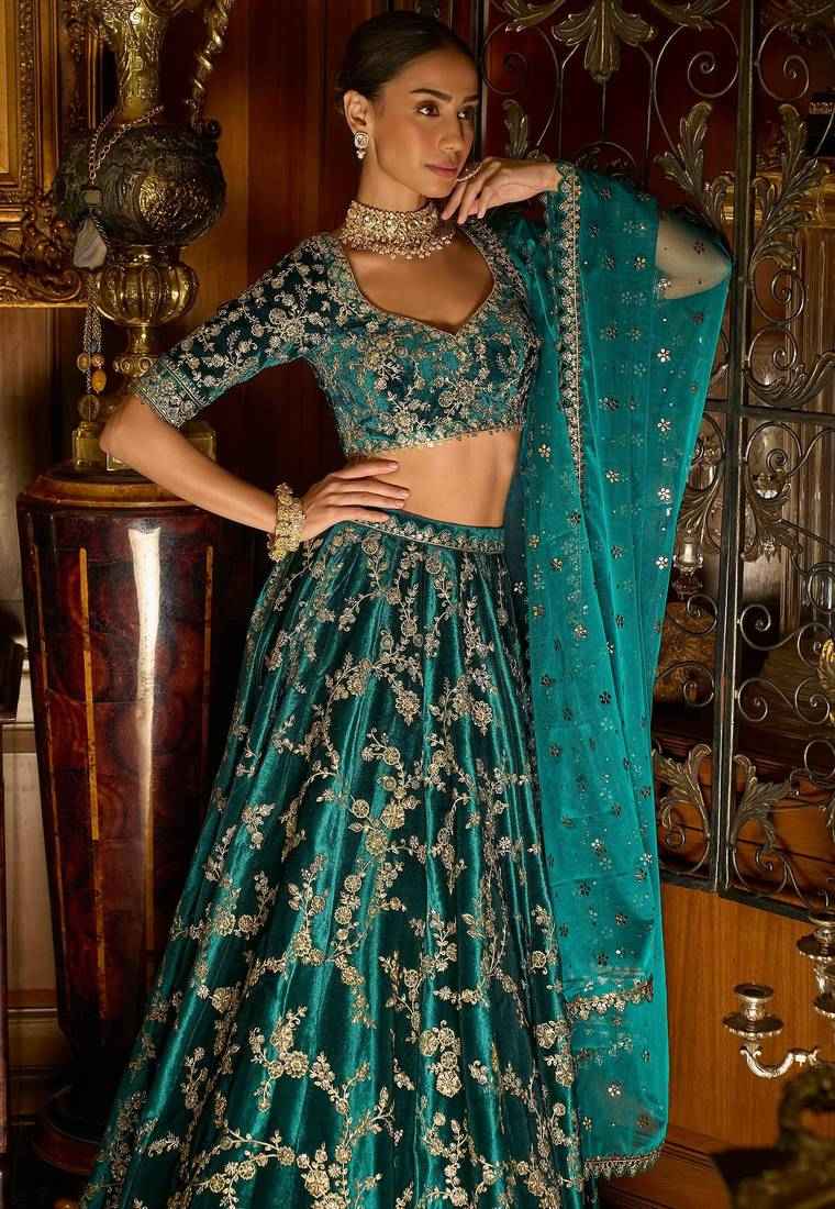 Turquoise Sequins Zari Embroidered Velvet Lehenga
