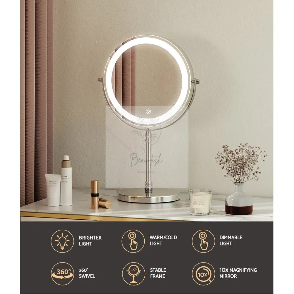 Embellir Makeup Mirror 20x20cm 10X Magnifying with LED Light Rotation Tabletop Beau-tish
