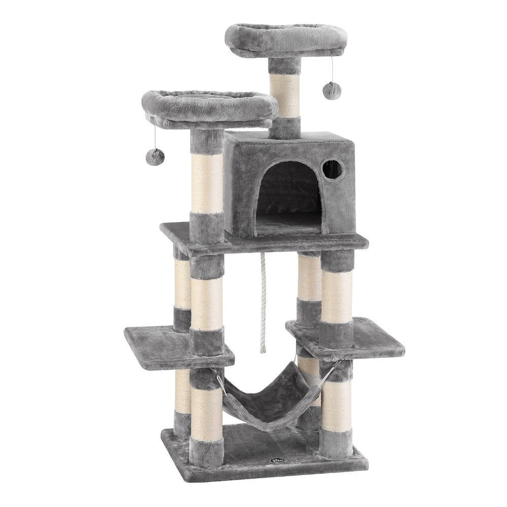 Pet Cat Tree 145cm – Multi-Level Scratching Tower, Condo, Bed & Hammock – Light Grey