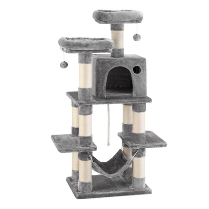 Pet Cat Tree 145cm – Multi-Level Scratching Tower, Condo, Bed & Hammock – Light Grey