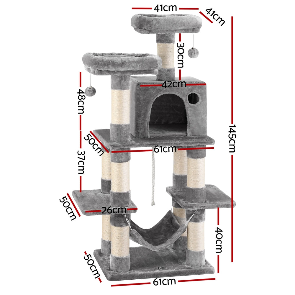 Pet Cat Tree 145cm – Multi-Level Scratching Tower, Condo, Bed & Hammock – Light Grey