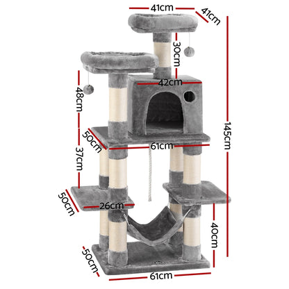 Pet Cat Tree 145cm – Multi-Level Scratching Tower, Condo, Bed & Hammock – Light Grey
