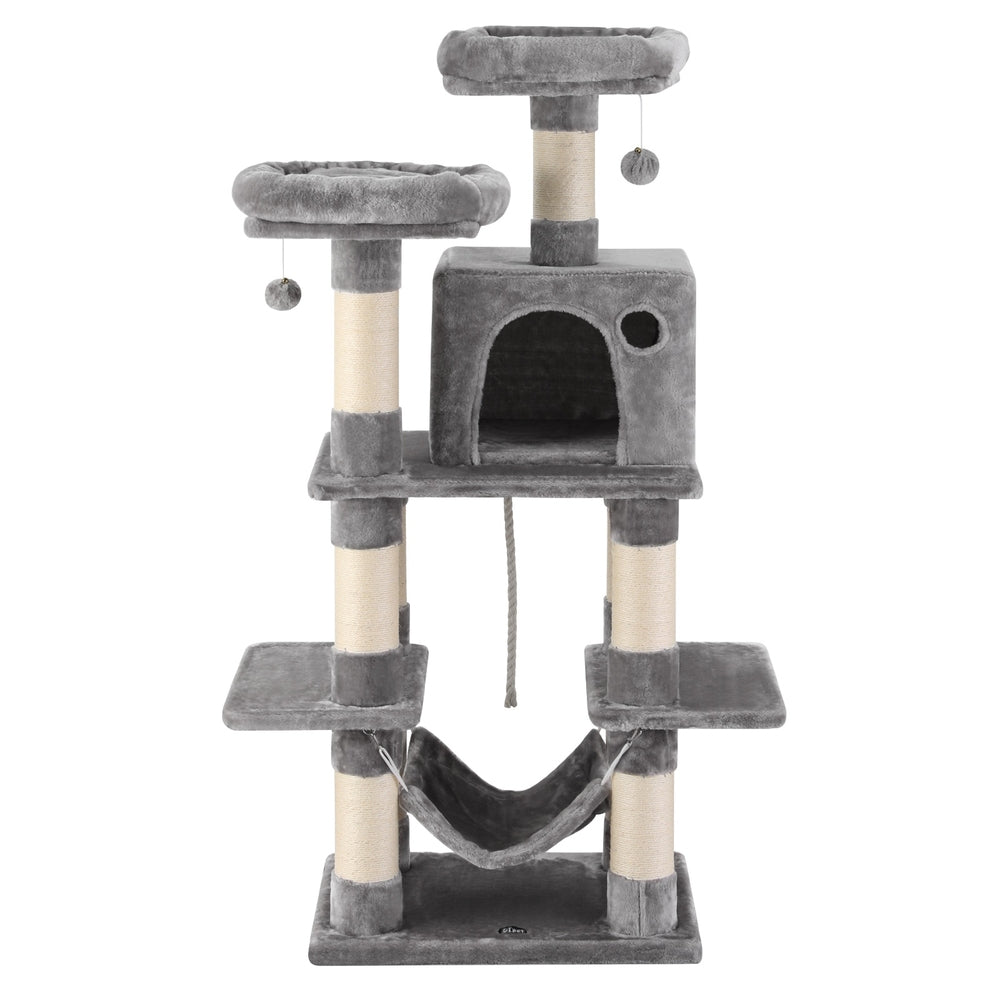 Pet Cat Tree 145cm – Multi-Level Scratching Tower, Condo, Bed & Hammock – Light Grey