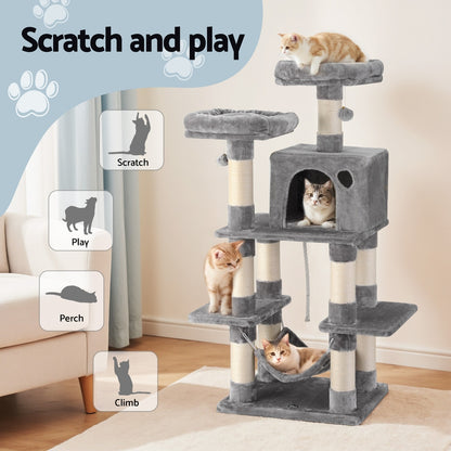 Pet Cat Tree 145cm – Multi-Level Scratching Tower, Condo, Bed & Hammock – Light Grey