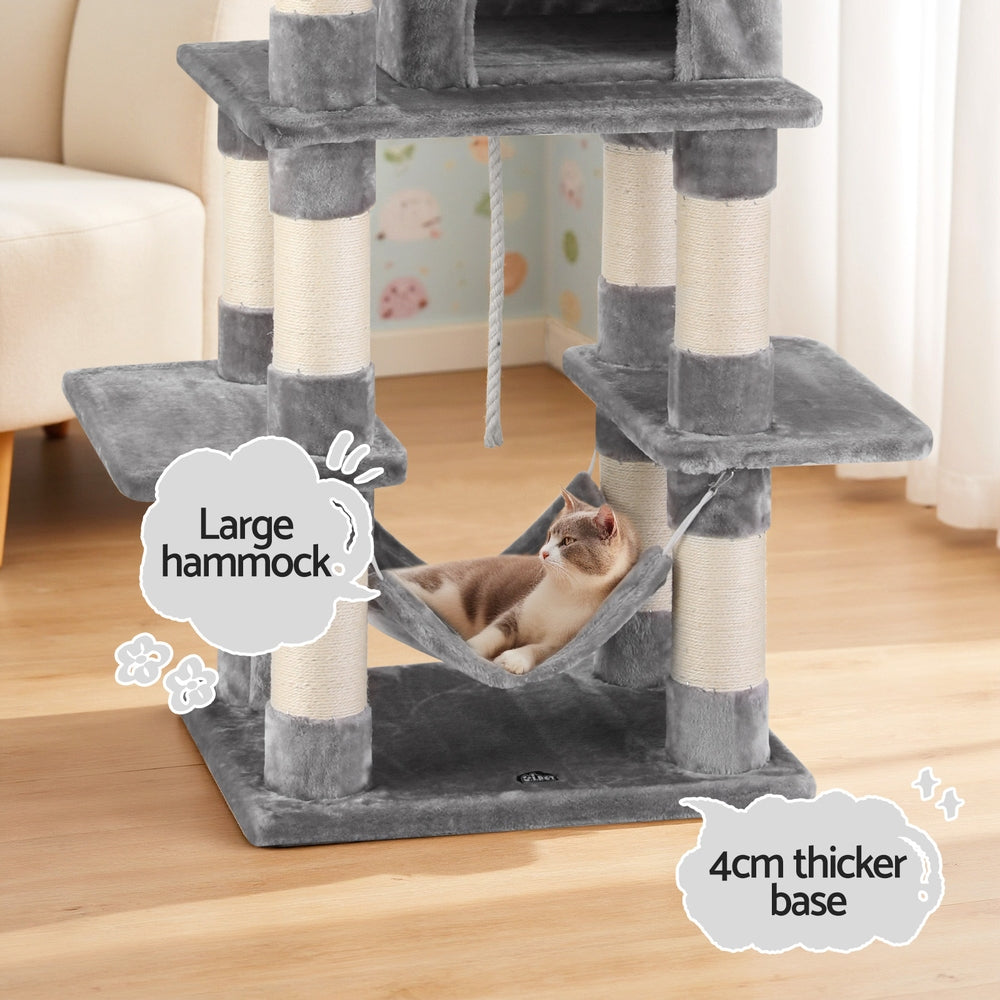 Pet Cat Tree 145cm – Multi-Level Scratching Tower, Condo, Bed & Hammock – Light Grey