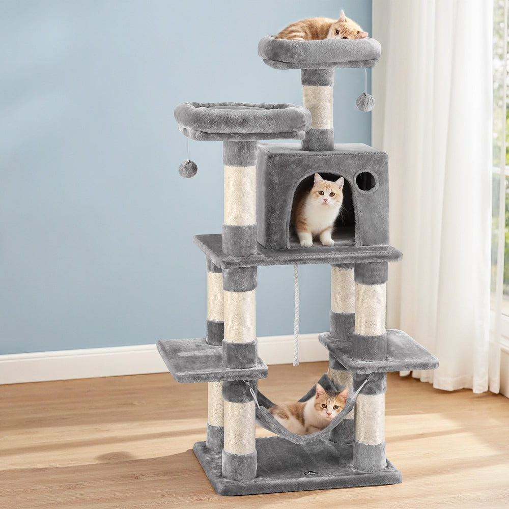 Pet Cat Tree 145cm – Multi-Level Scratching Tower, Condo, Bed & Hammock – Light Grey