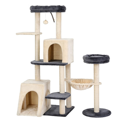Cat Tree Tower 133cm – Rotatable L-Shape Design, Grey & Beige