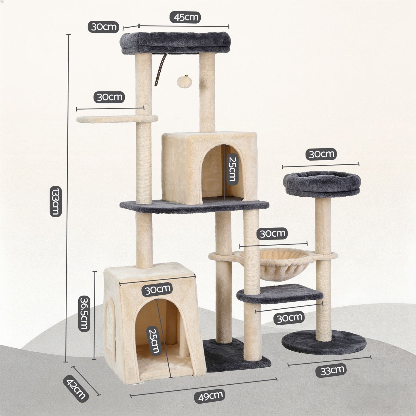 Cat Tree Tower 133cm – Rotatable L-Shape Design, Grey & Beige