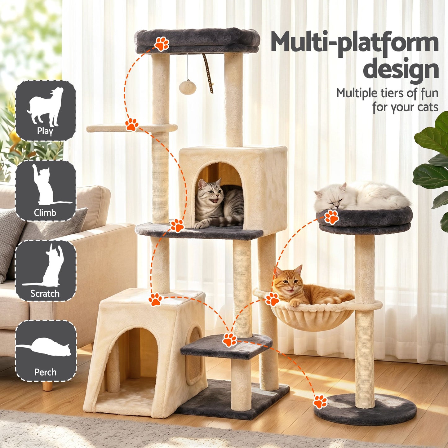 Cat Tree Tower 133cm – Rotatable L-Shape Design, Grey & Beige