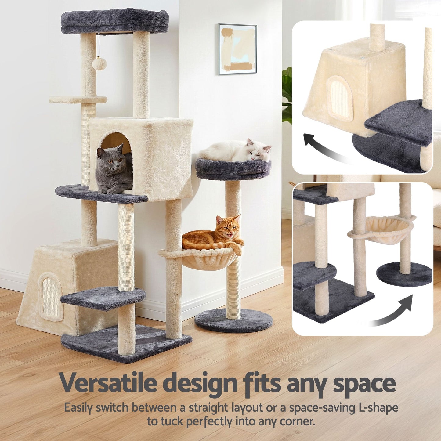 Cat Tree Tower 133cm – Rotatable L-Shape Design, Grey & Beige