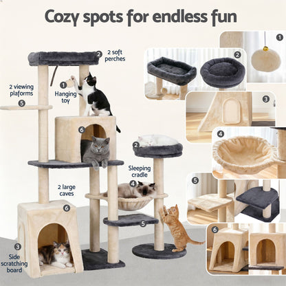 Cat Tree Tower 133cm – Rotatable L-Shape Design, Grey & Beige