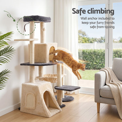 Cat Tree Tower 133cm – Rotatable L-Shape Design, Grey & Beige