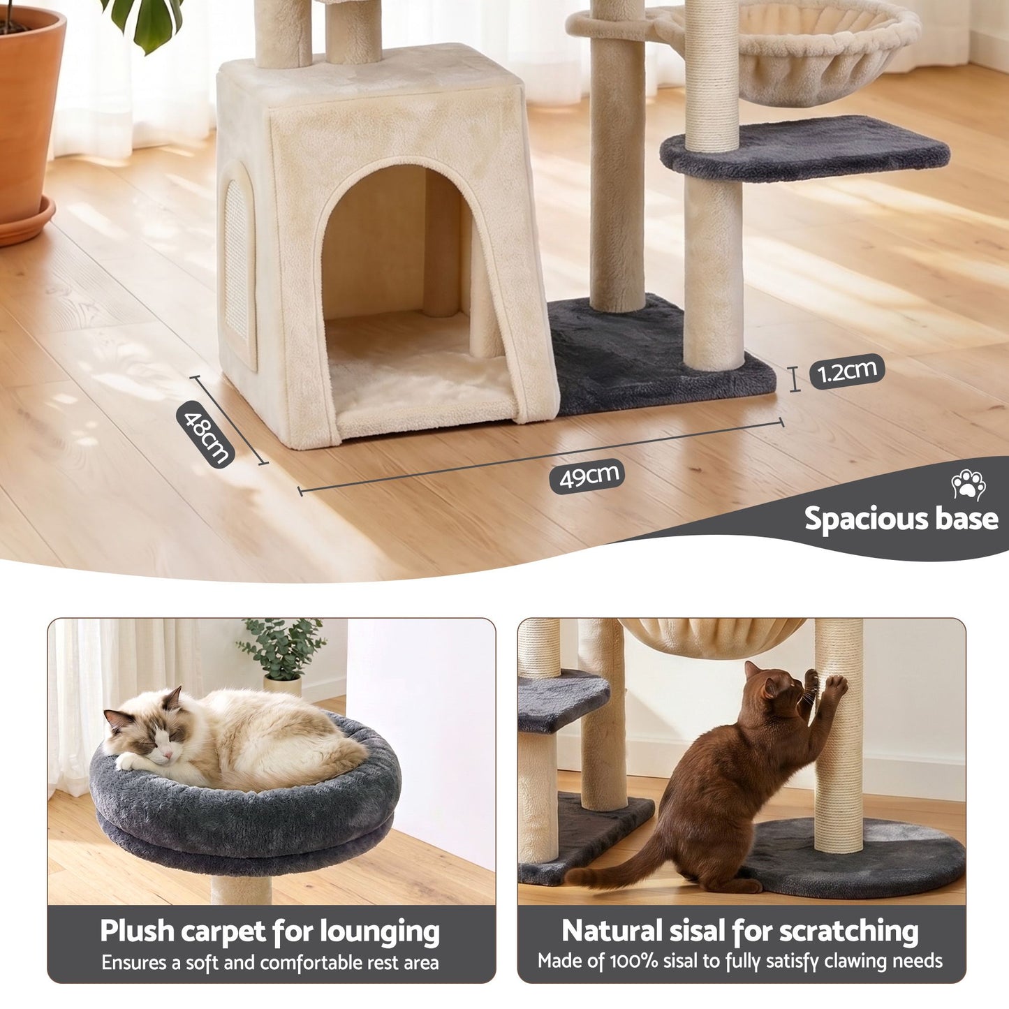 Cat Tree Tower 133cm – Rotatable L-Shape Design, Grey & Beige