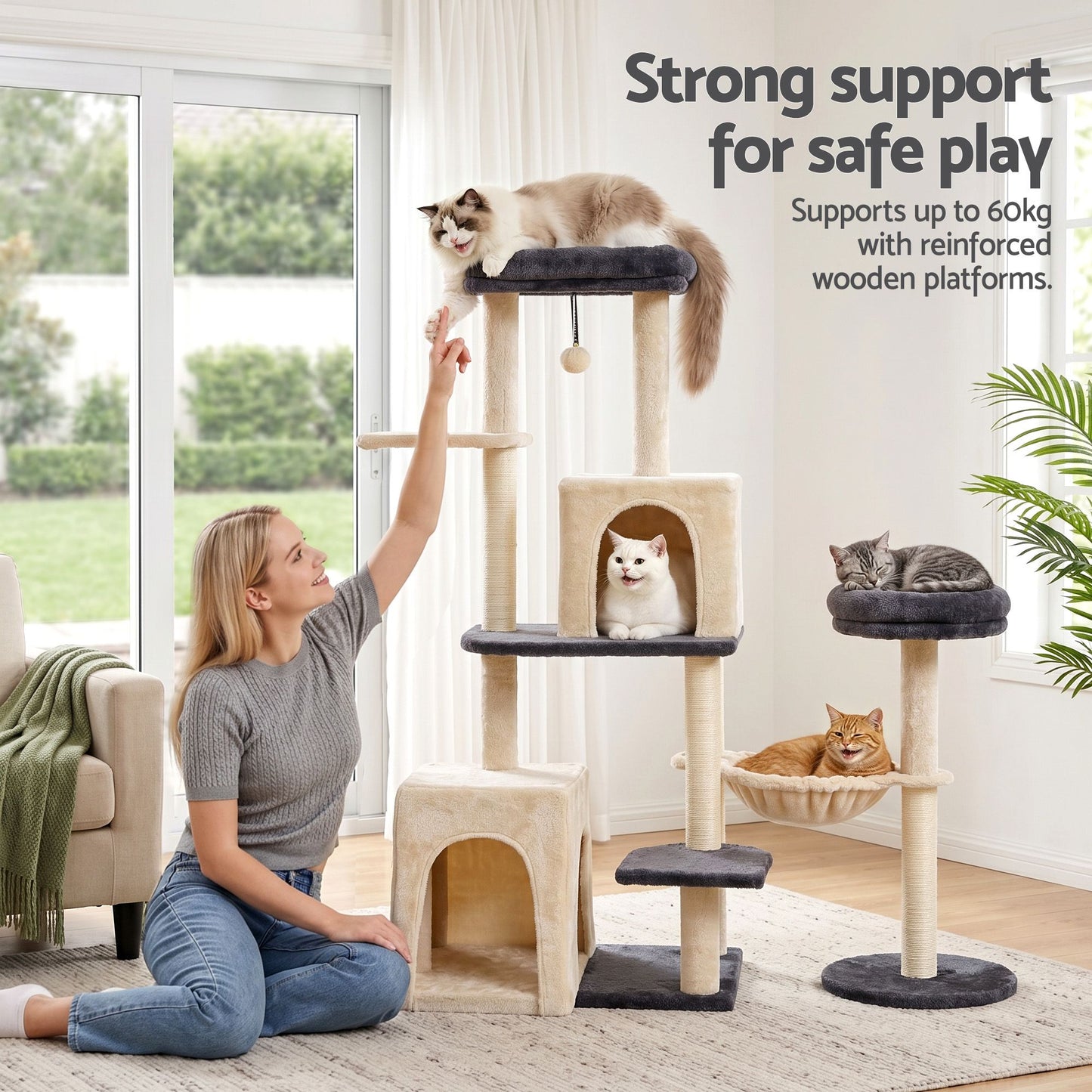 Cat Tree Tower 133cm – Rotatable L-Shape Design, Grey & Beige
