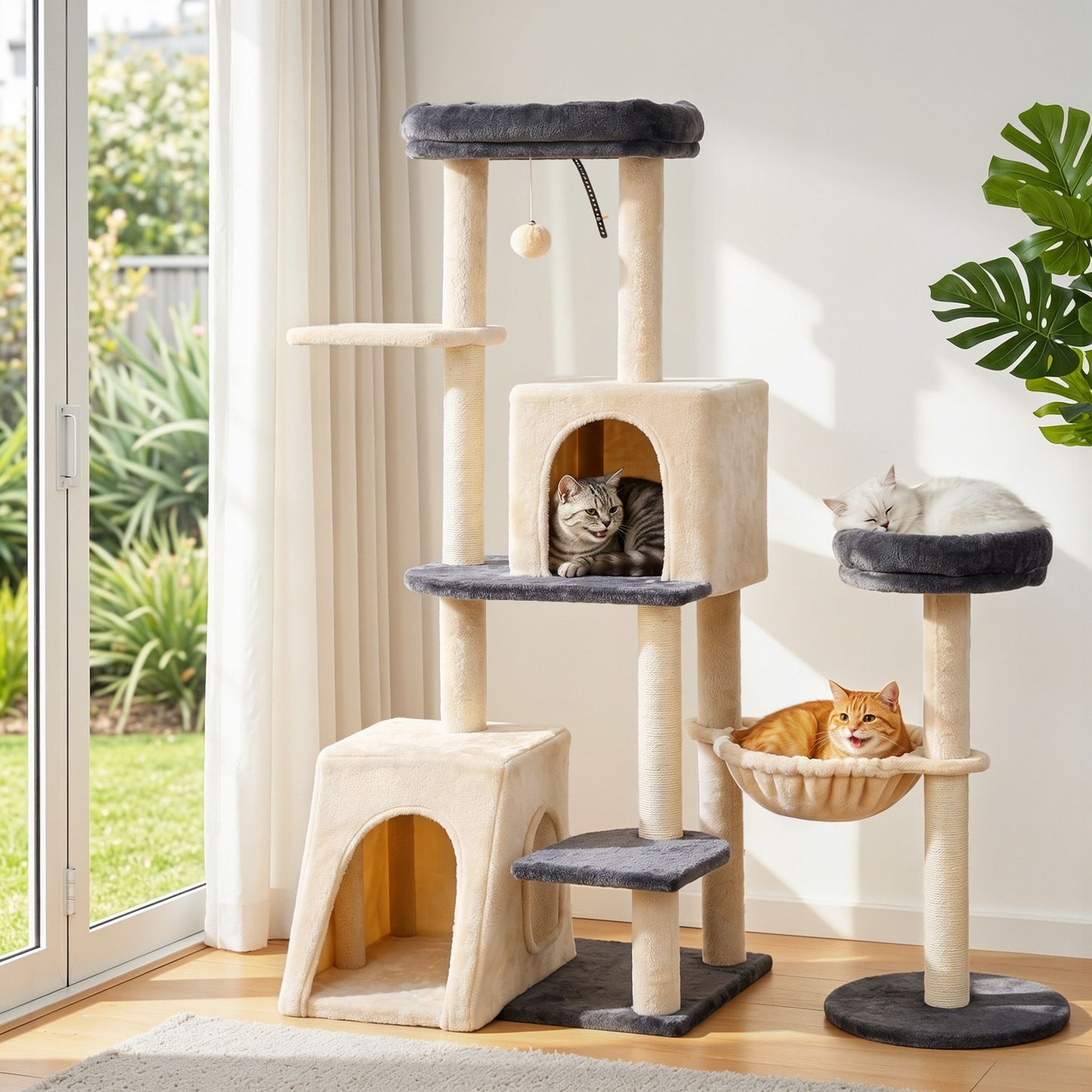 Cat Tree Tower 133cm – Rotatable L-Shape Design, Grey & Beige