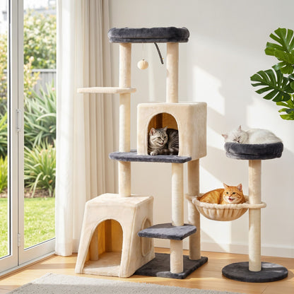 Cat Tree Tower 133cm – Rotatable L-Shape Design, Grey & Beige