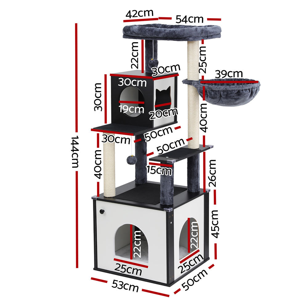 Pet Cat Tree Tower 144cm – Scratching Post, Condo, Bed & Play Centre