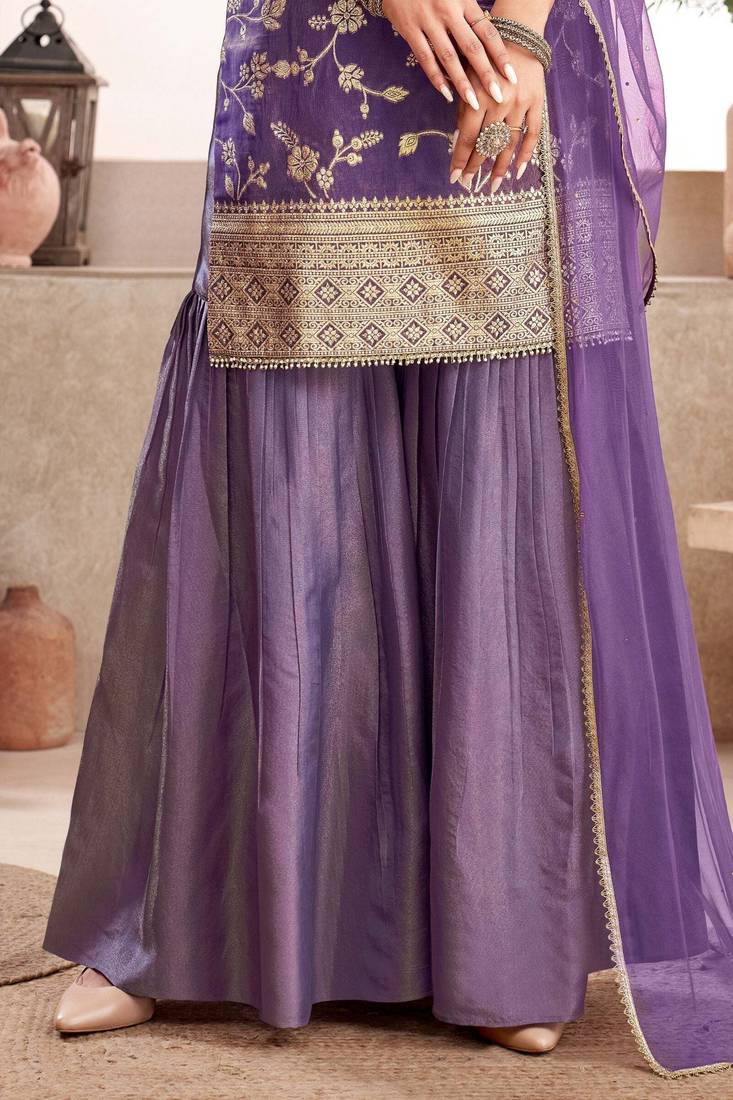 XOMANTIC FASHION Women's Purple Banarasi Silk Kurta Sharara Set
