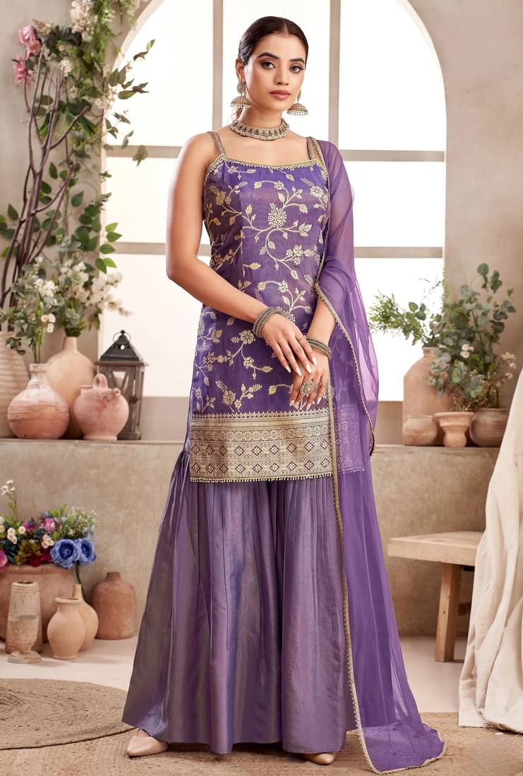 XOMANTIC FASHION Women's Purple Banarasi Silk Kurta Sharara Set