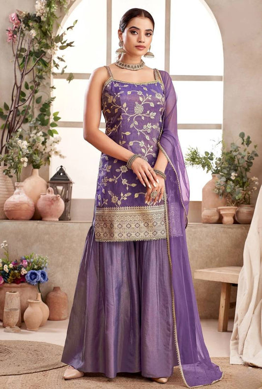 XOMANTIC FASHION Women's Purple Banarasi Silk Kurta Sharara Set