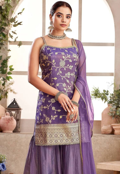 XOMANTIC FASHION Women's Purple Banarasi Silk Kurta Sharara Set