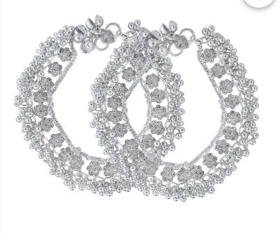 Memoir silver plated brass, cz studded flower pattern, jhalar ghungroo payal