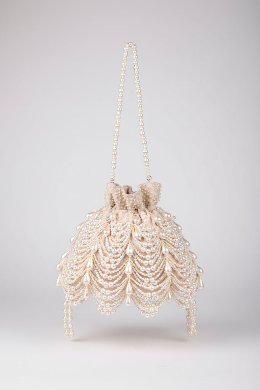 Farah Ivory Suede Pearl Potli (Clutch Evening Bag)