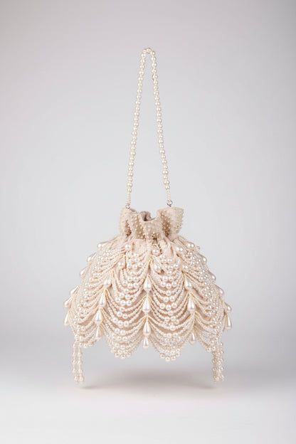 Farah Ivory Suede Pearl Potli (Clutch Evening Bag)