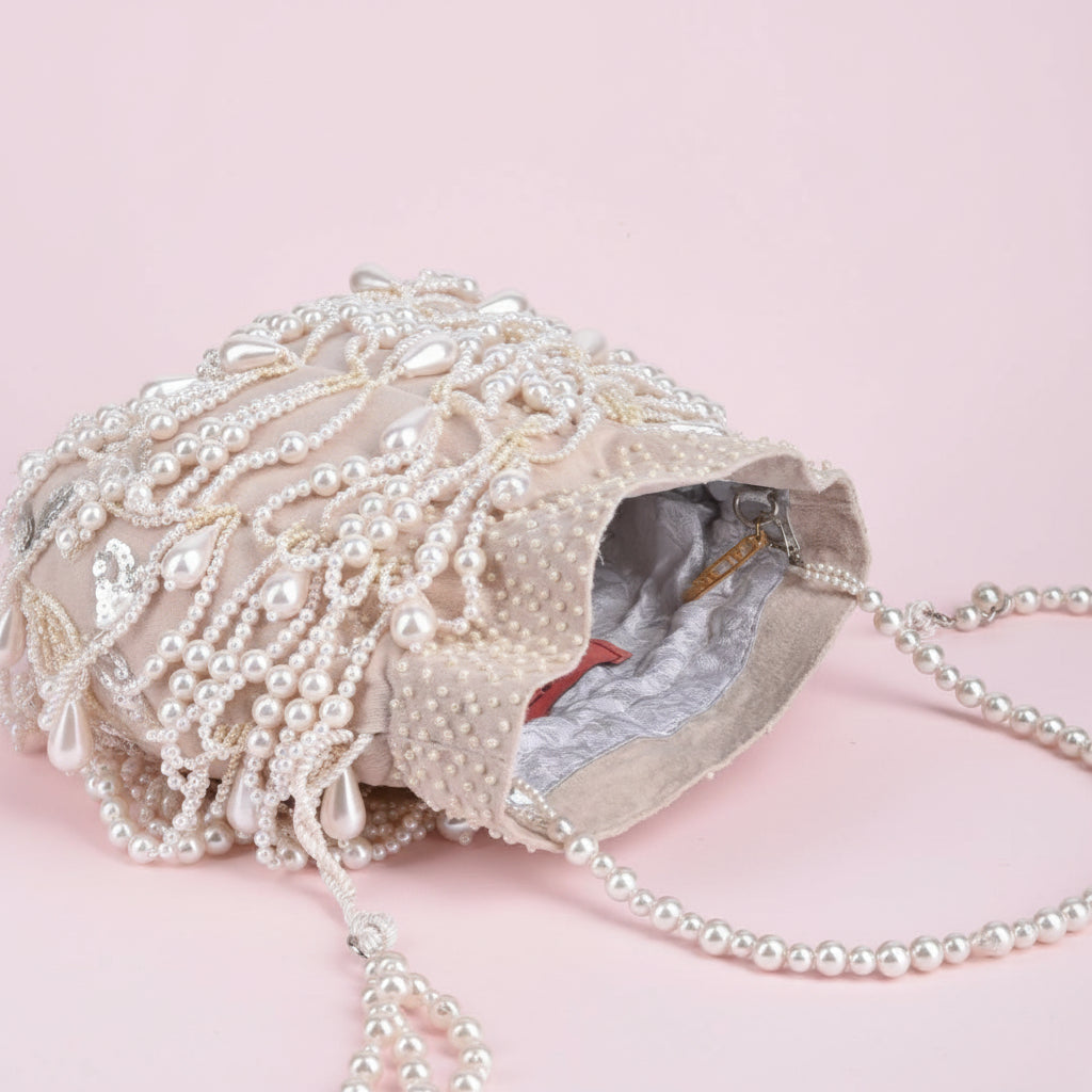 Farah Ivory Suede Pearl Potli (Clutch Evening Bag)