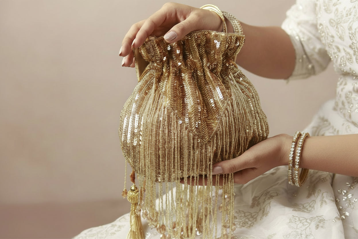 Gold Silk Tassles Potli (evening bag) With Handle