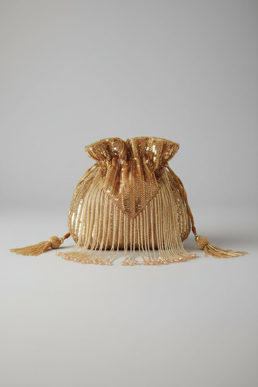 Gold Silk Tassles Potli (evening bag) With Handle