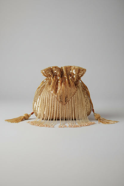 Gold Silk Tassles Potli (evening bag) With Handle
