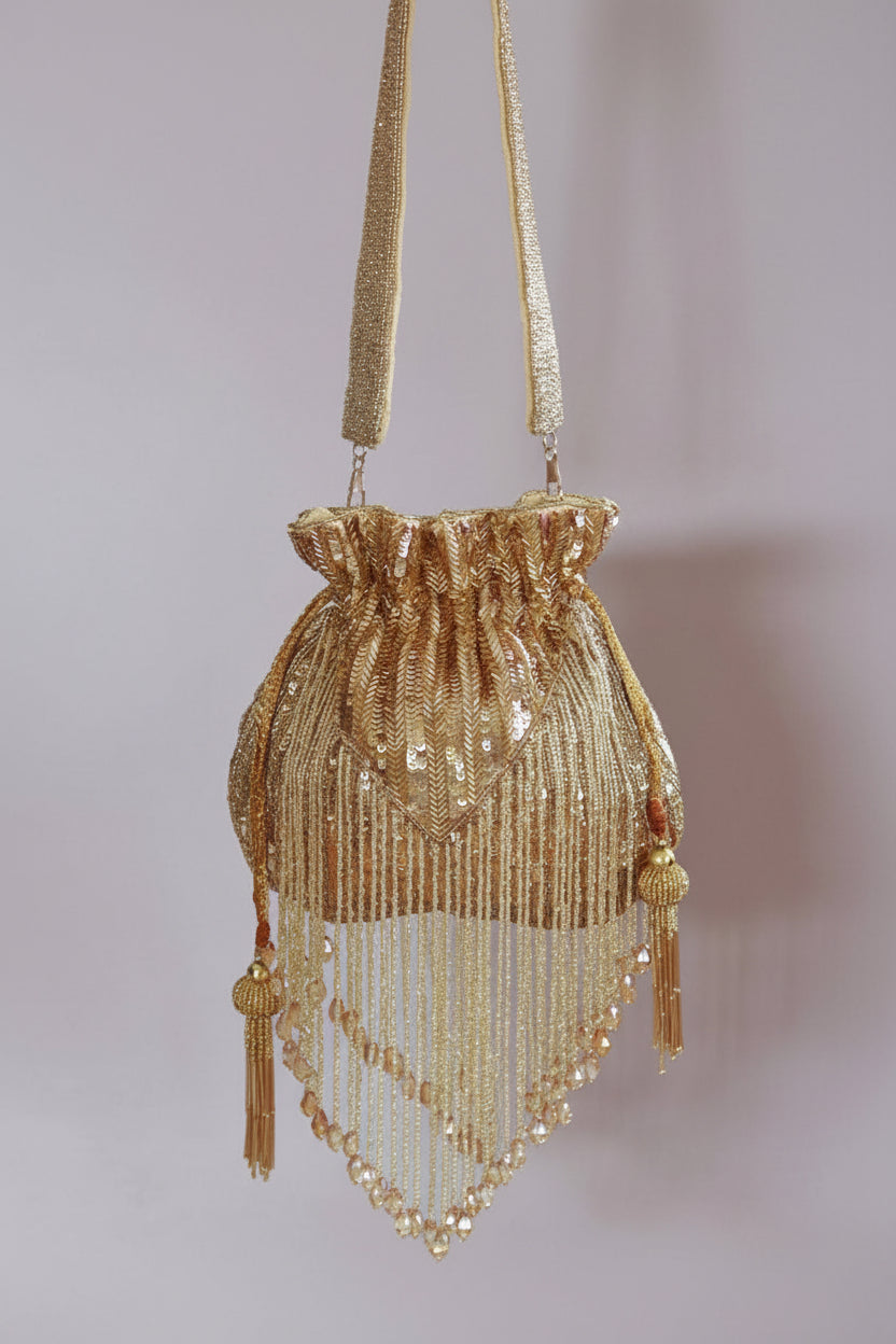 Gold Silk Tassles Potli (evening bag) With Handle