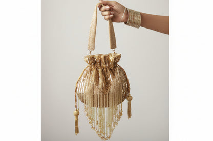 Gold Silk Tassles Potli (evening bag) With Handle