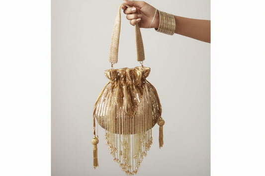 Gold Silk Tassles Potli (evening bag) With Handle