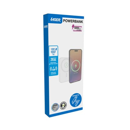 Laser 5000mAh Magnetic Wireless Power Bank White