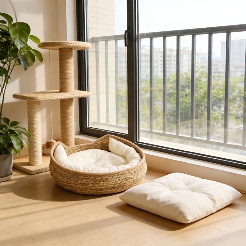 Round Woven Cat Bed – Natural Cat Furniture & Cosy Sleeping Nest