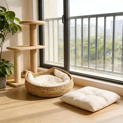 Round Woven Cat Bed – Natural Cat Furniture & Cosy Sleeping Nest